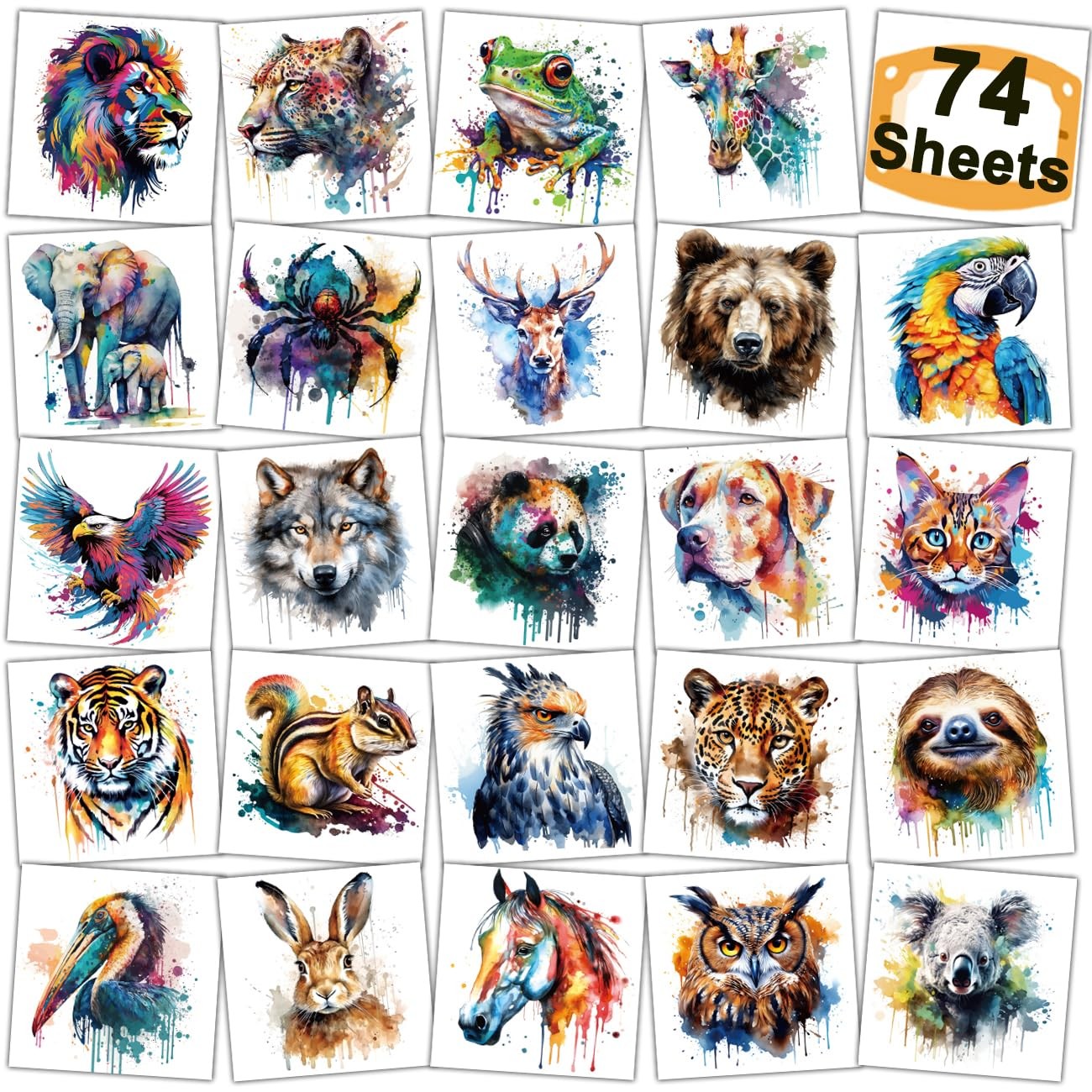 CHARLENT Watercolor Safari Animals Temporary Tattoos for Kids Multicolor 