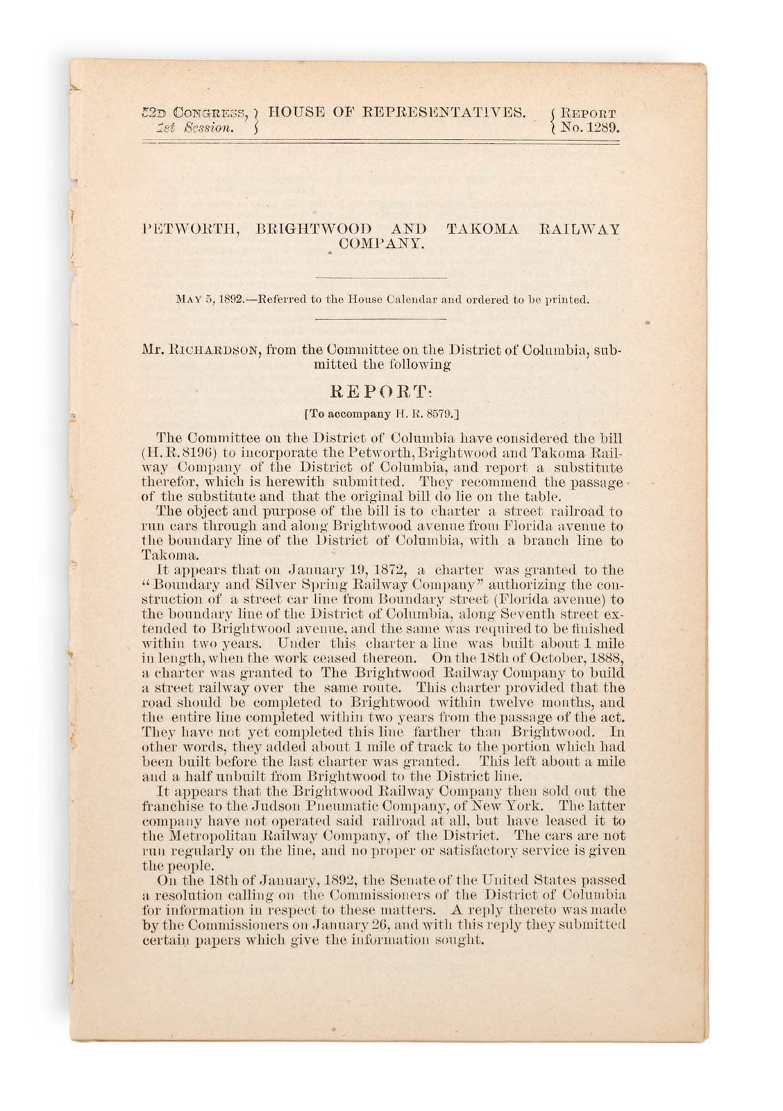 [U.S. Congress] – 1892 Petworth Brightwood Takoma Railway District of Columbia…