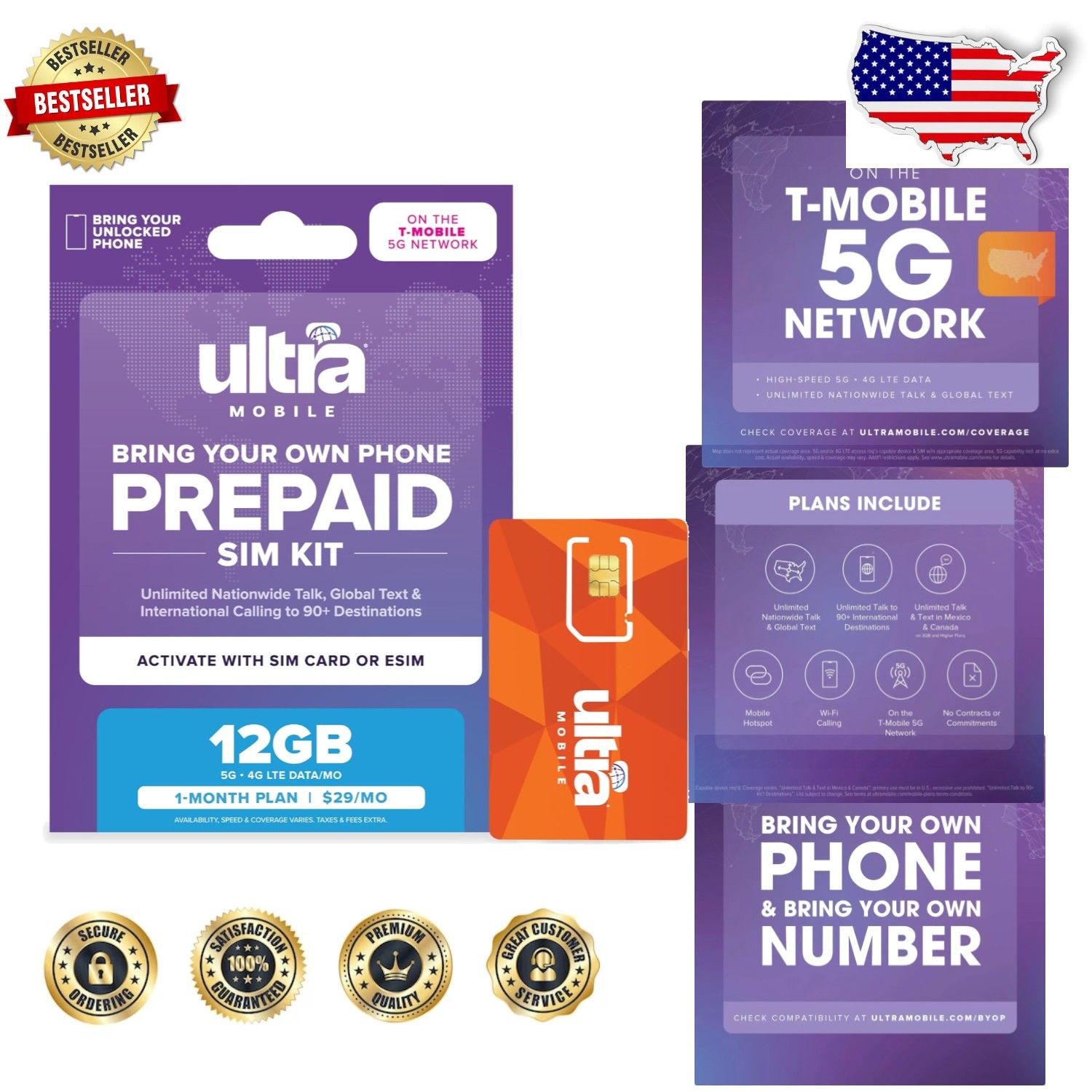 Prepaid SIM: 12GB 5G Data, Unlimited Talk/Global Text, 1