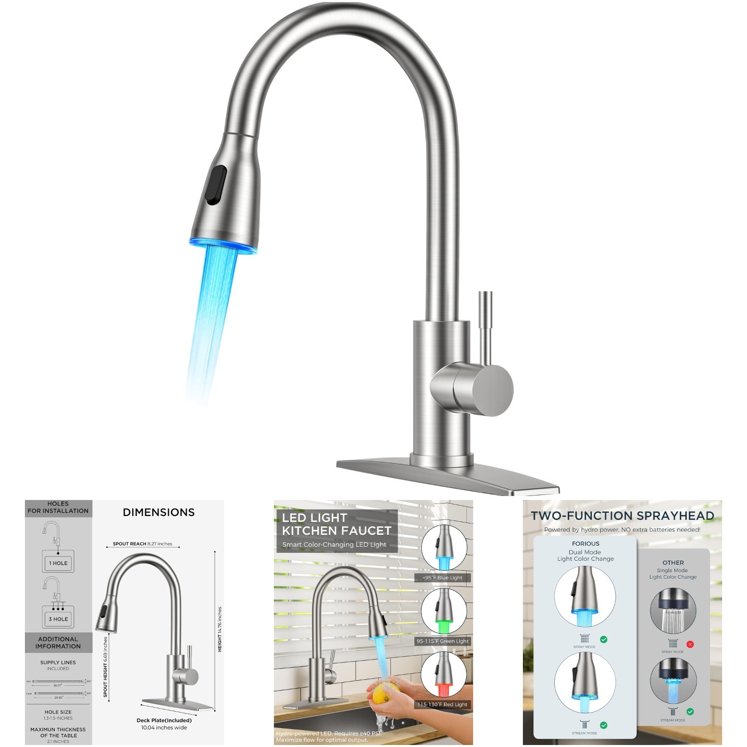 Stainless Steel LED Kitchen Faucet Pull Down Sprayer Brushed Nickel Traditional