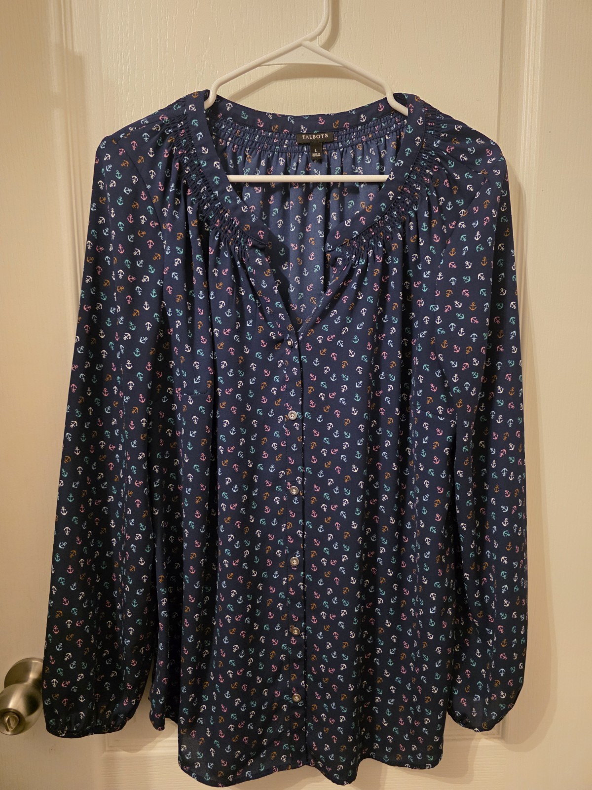 Talbots Anchor Print Navy V-Neck Button Long Sleeve Blouse Size L