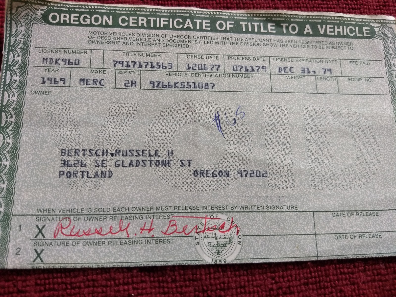 Vintage Historical Oregon Title Document 1969 Mercury 2H