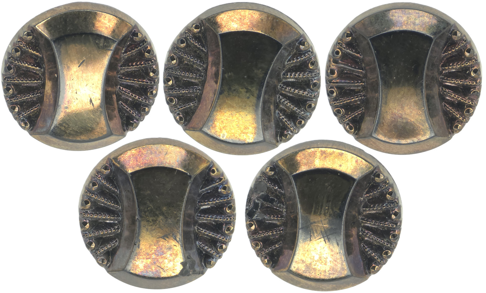 C1920-30s Antique Black Glass Geometric Bronze Patina Luster Button Set LOT 5