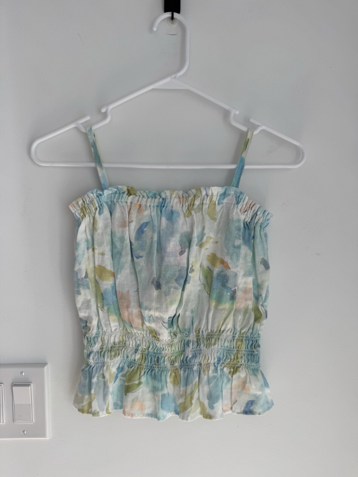 Bella Dahl Aqua Floral Smocked Sun Top 100% Linen Girl’s 10Y NEW