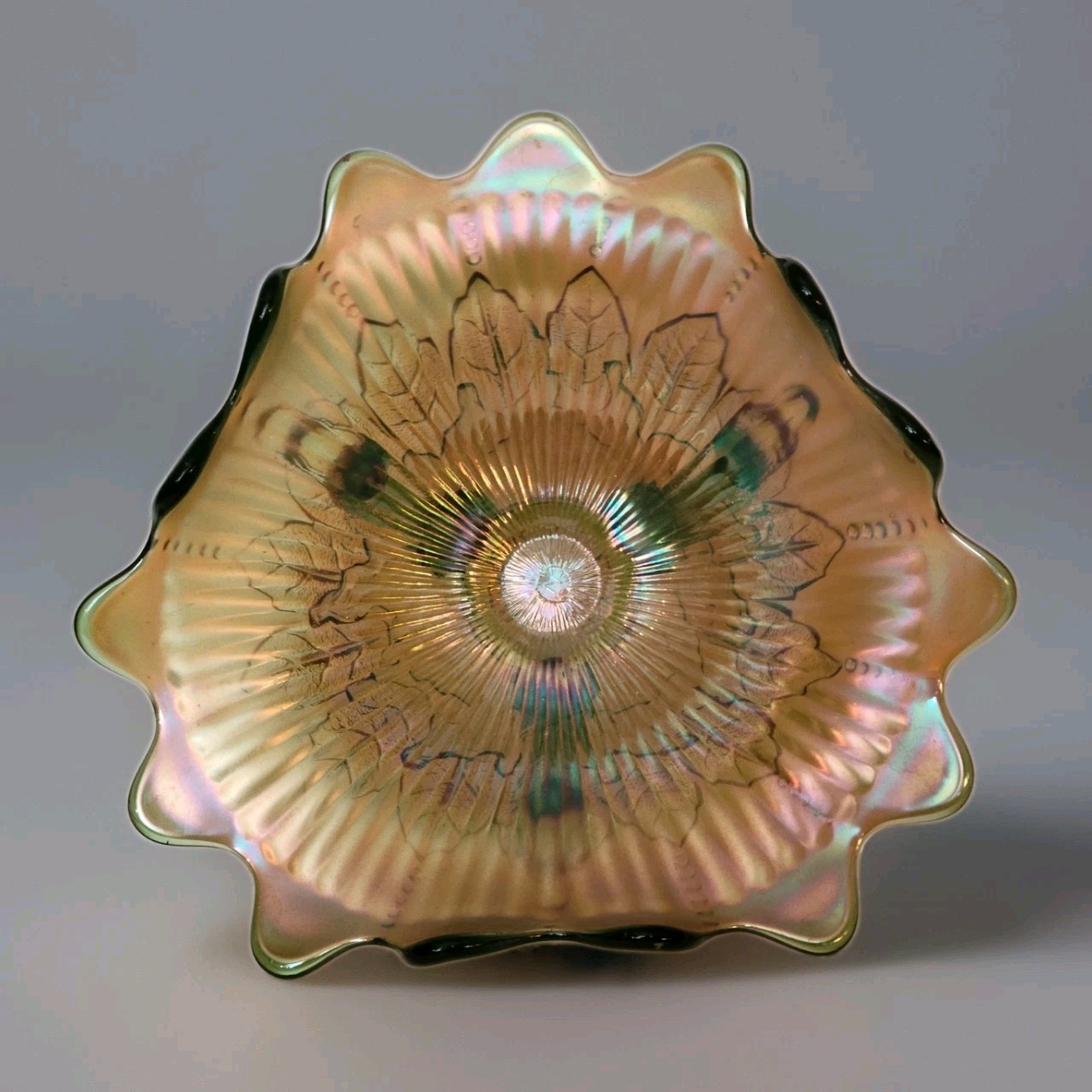 Northwood Green Carnival Glass Footed Candy Dish - Leaf & Beads - Rayed Interior