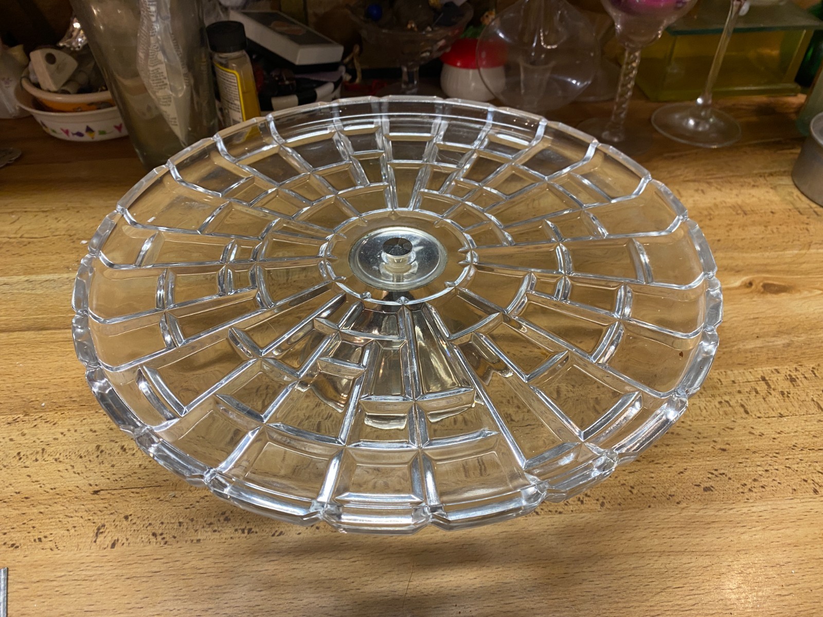 Vintage Clear Glass & Metal Pedestal Cake Plate Heavy 11 3/4"x3"