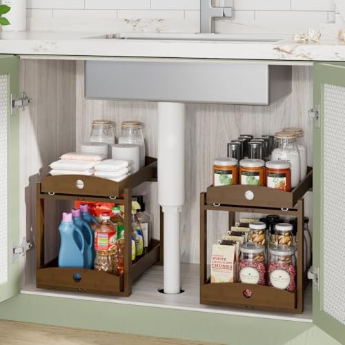 Bamboo Wood Under Sink Organizer 1 Pack, Pull Out Cabinet 2 Packs Walnut