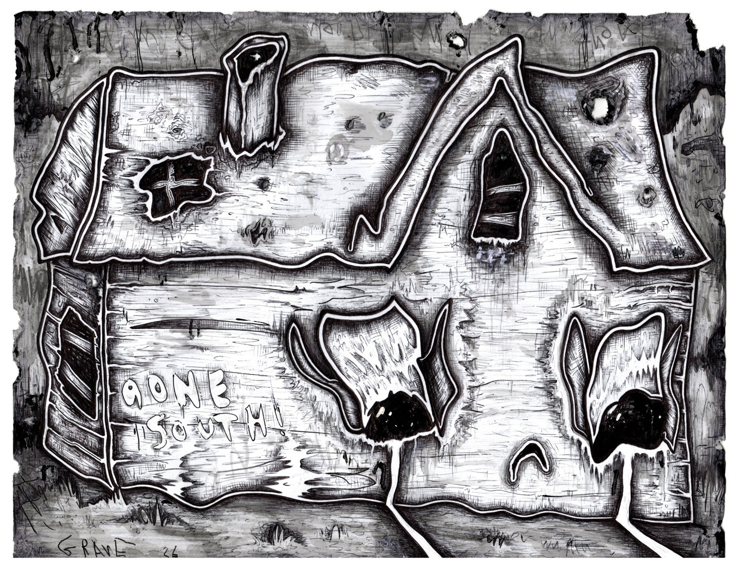 HAPPY GRAVE artist original signed DRAWING art year 2026 "GONE SOUTH"