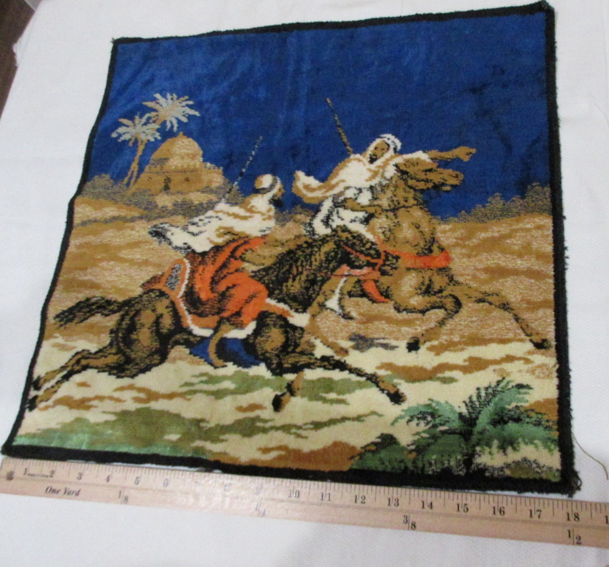 Vtg. Arabian Hunt Tapestry Riding Camel & Horse 18" Square Velvet Wall Hanging