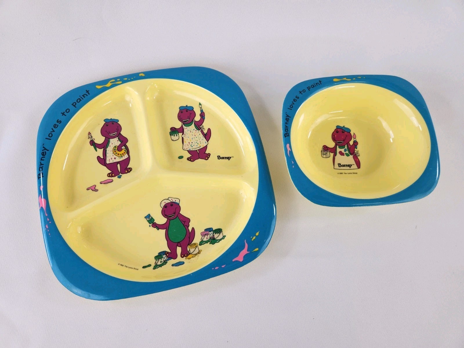 Vintage Barney Plate & Bowl 1992 Barney Loves To Paint From the DVD VHS TV Show