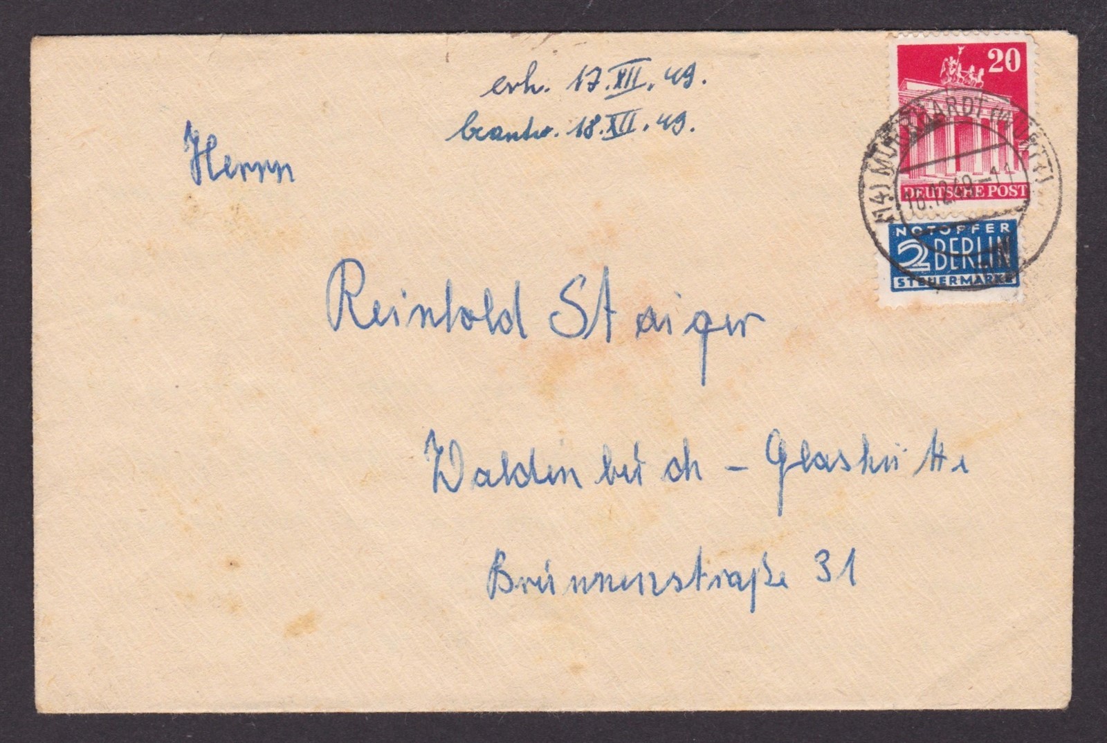 GERMANY 1949 American zone, Cover from Murrhardt