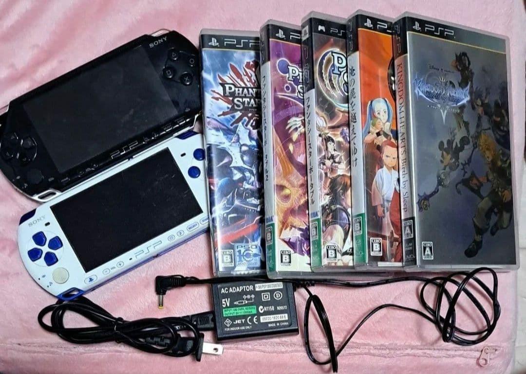 Sony PSP-1000 Black & PSP-3000 White Blue Console Lot w/ Charger & 5 Games