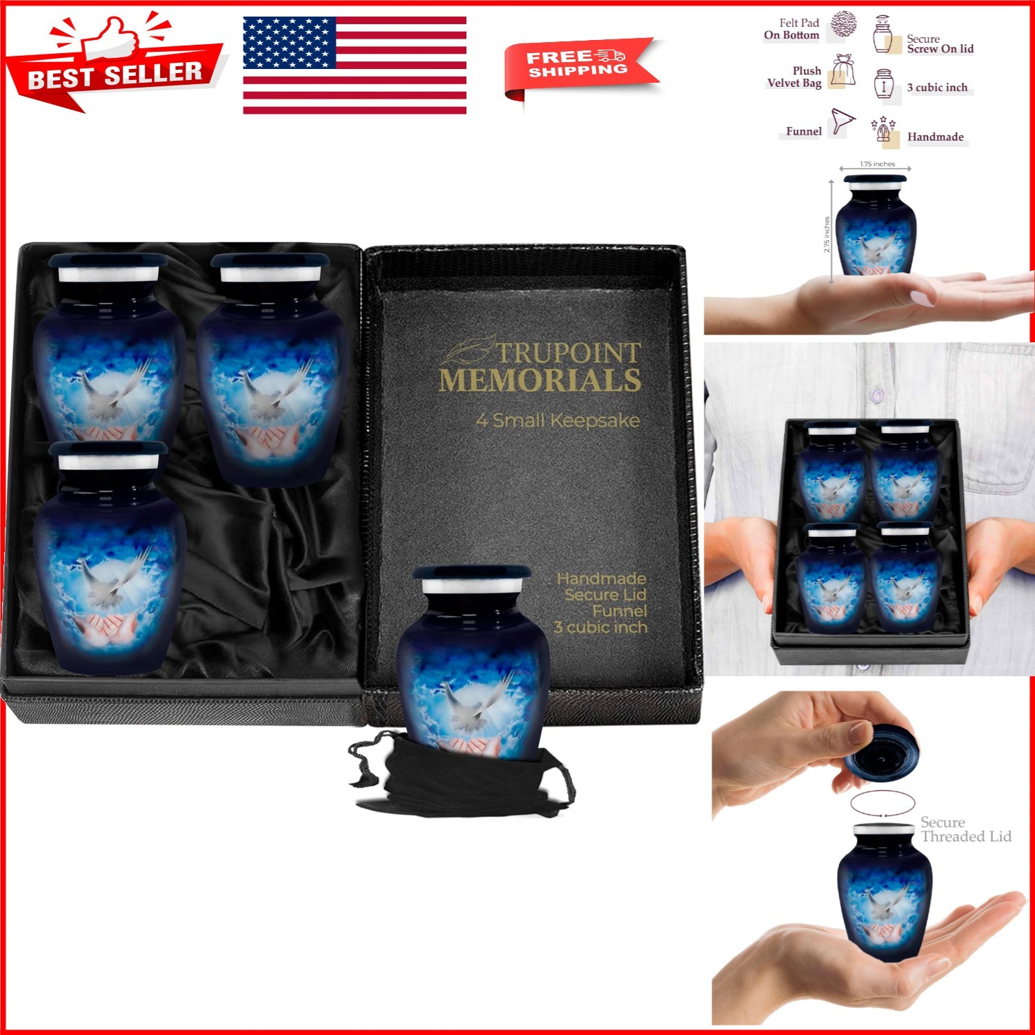 Set of 4 Blue Dove Mini Cremation Urns for Human Ashes - Decorative Keepsakes