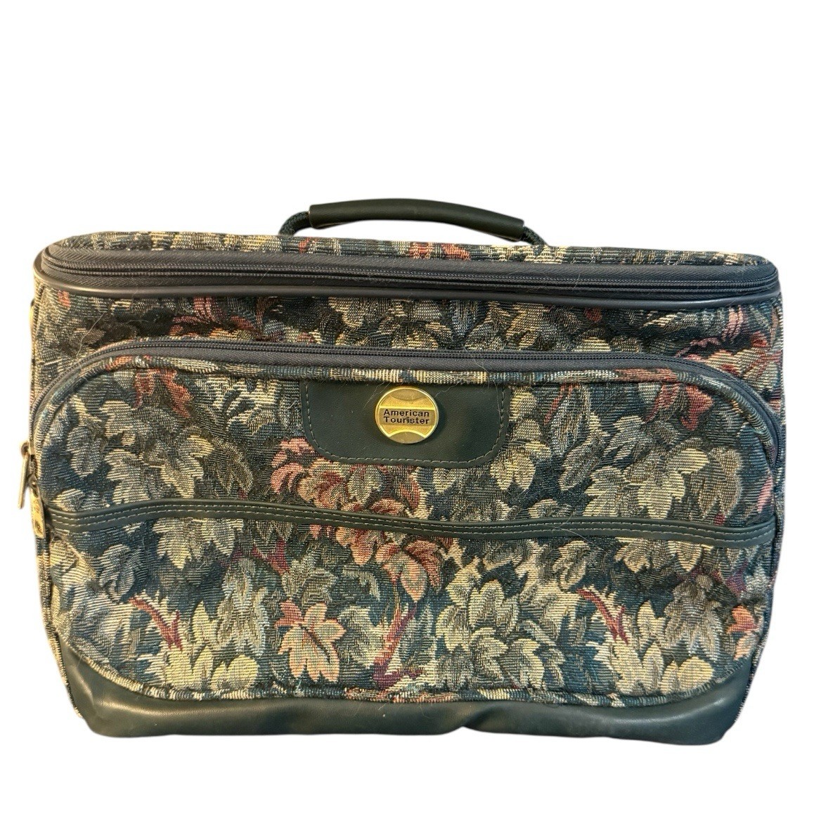 American Tourists Vintage Green Floral Tapestry Carpet Bag Train Case Weekend 