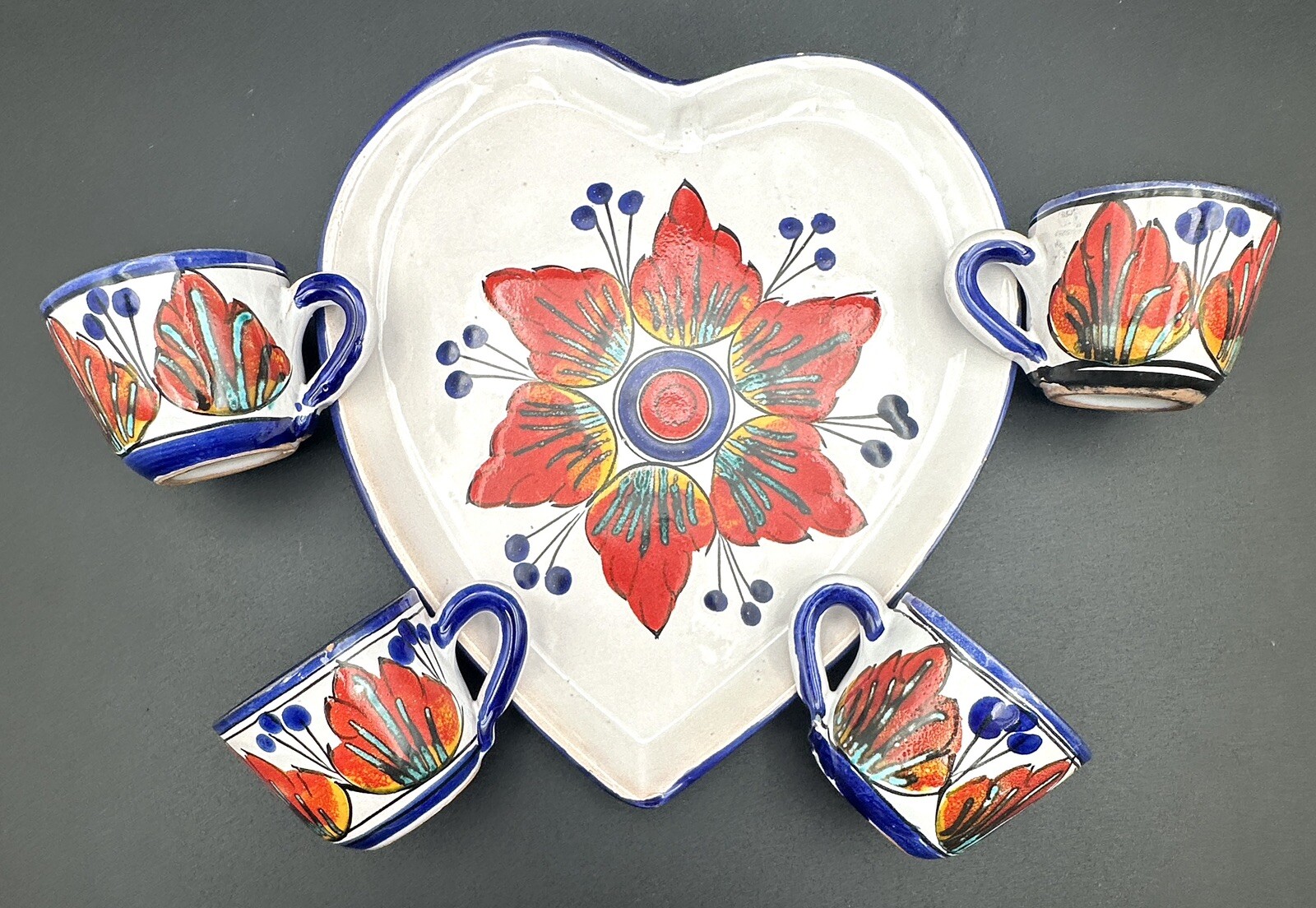 Handmade Sicilian Italian Pottery Heart Tray Demitasse Cups Set Lively Leaves