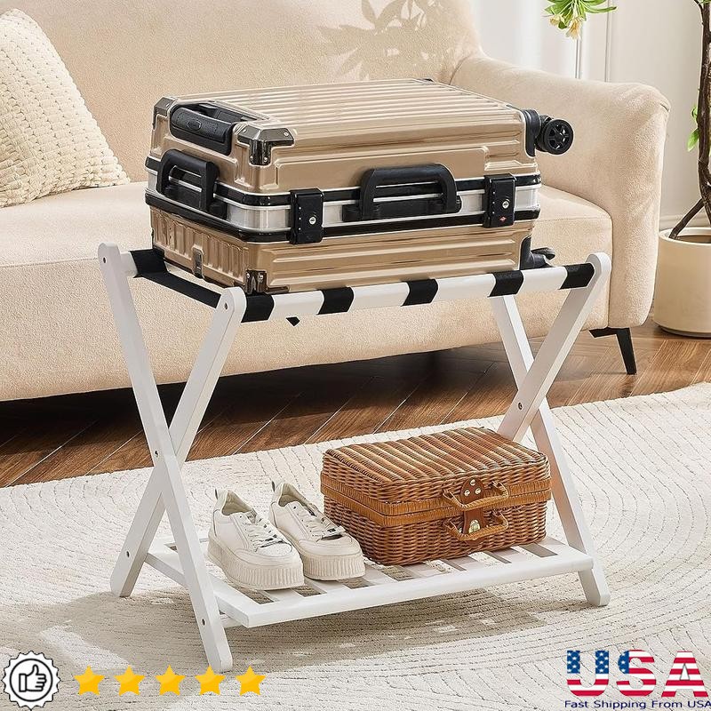 Fully Assembled Bamboo Luggage Rack Guest Room Suitcase Stand W/ Storage Shelf