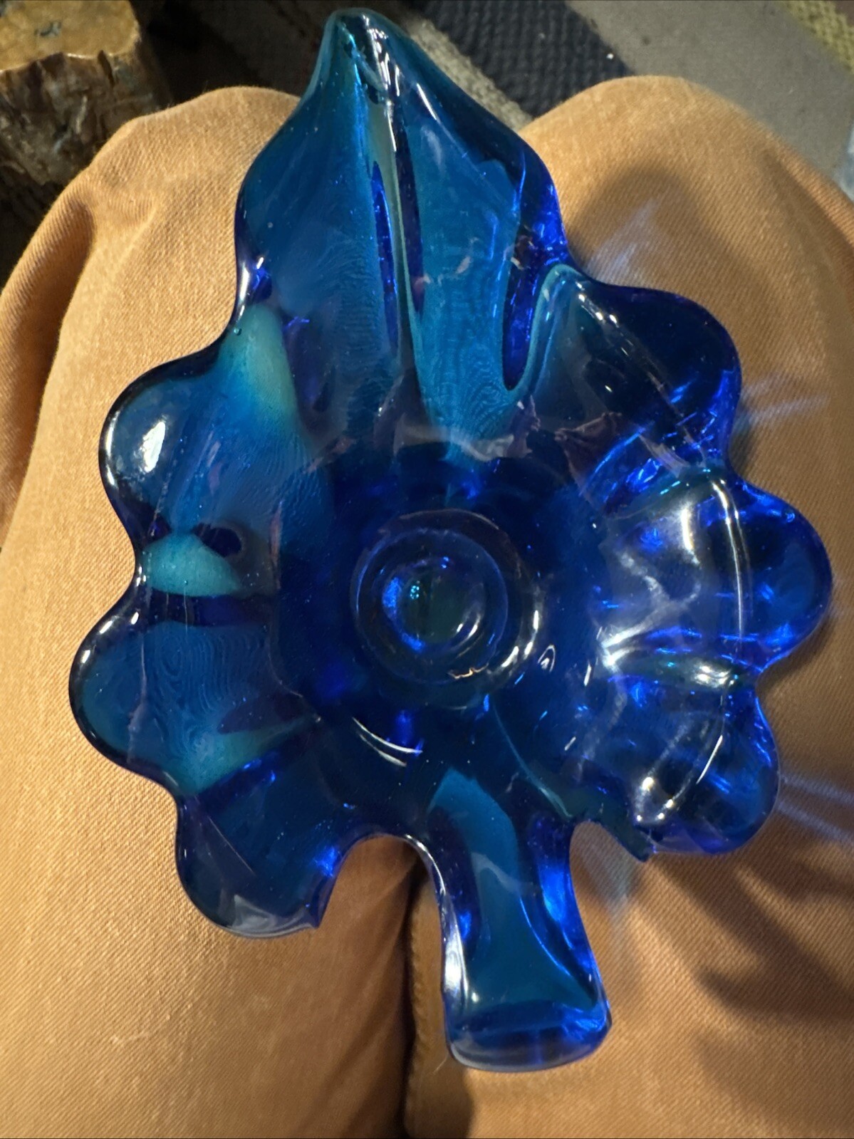 Vintage Cobalt Blue Art Glass Leaf Shaped Ashtray Trinket Dish Mid Century MCM