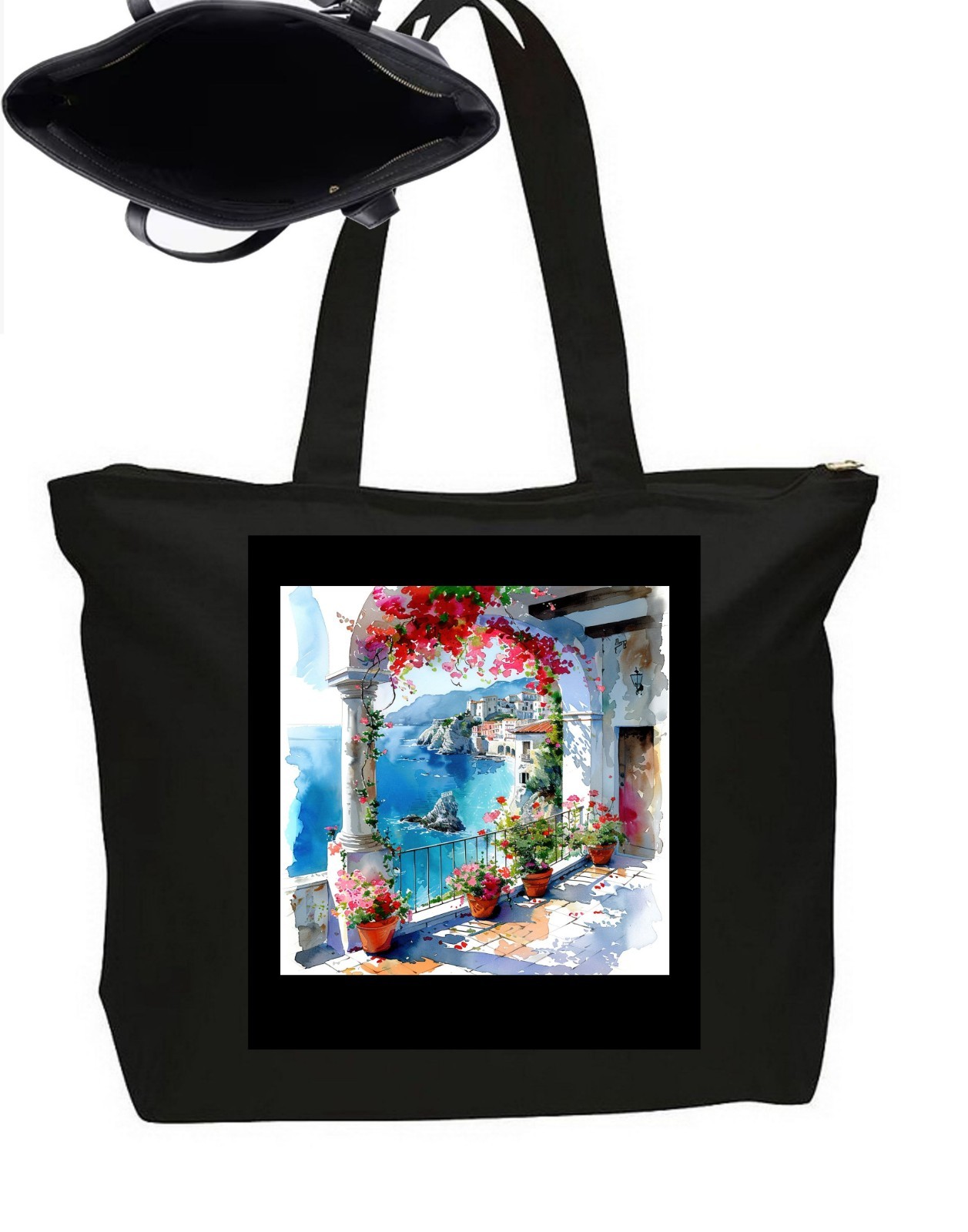 Seaside Ocean Greece Santorini Tote Bag   Zipper Closure Travel Poster Art 20"