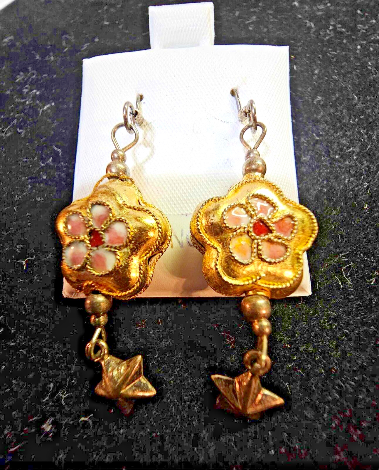 925 Sterling hook earrings, gold color cloisonne enamel style flower dangle star