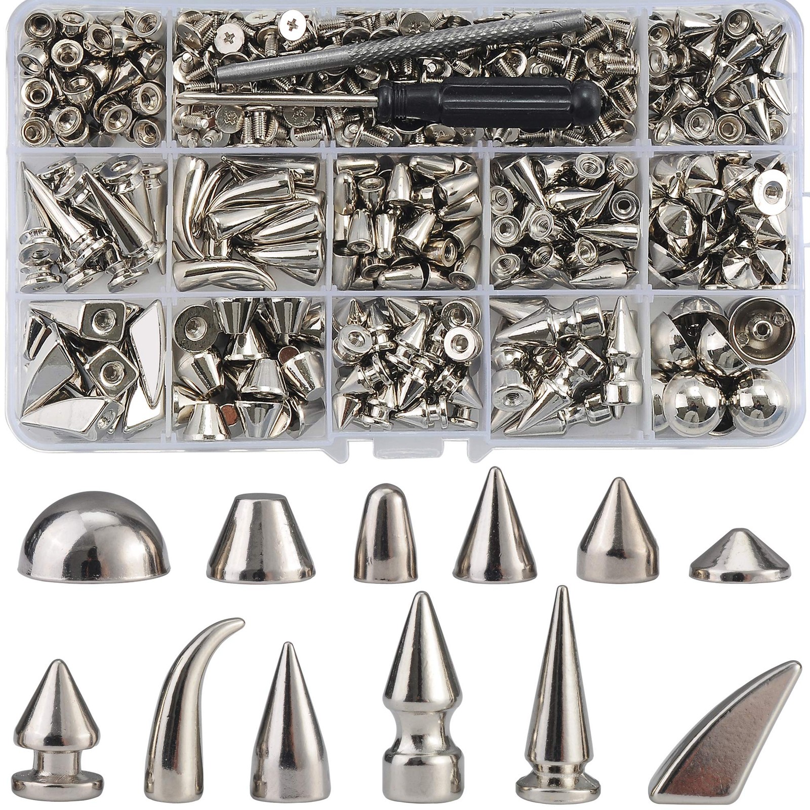 270 Sets Mixed Shape Spikes and Studs Silver Color Screw Back Bullet Cone Stu