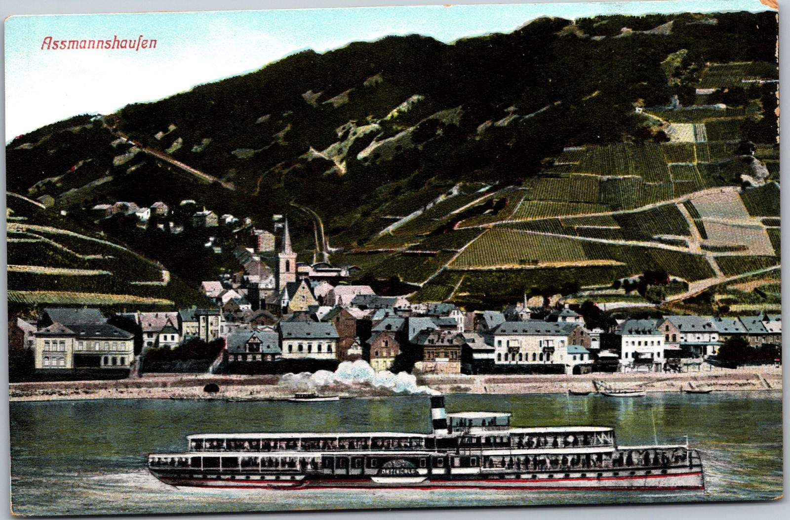 Assmannshausen Postcard Unposted Vintage Rhine River Steamer Germany Colorized
