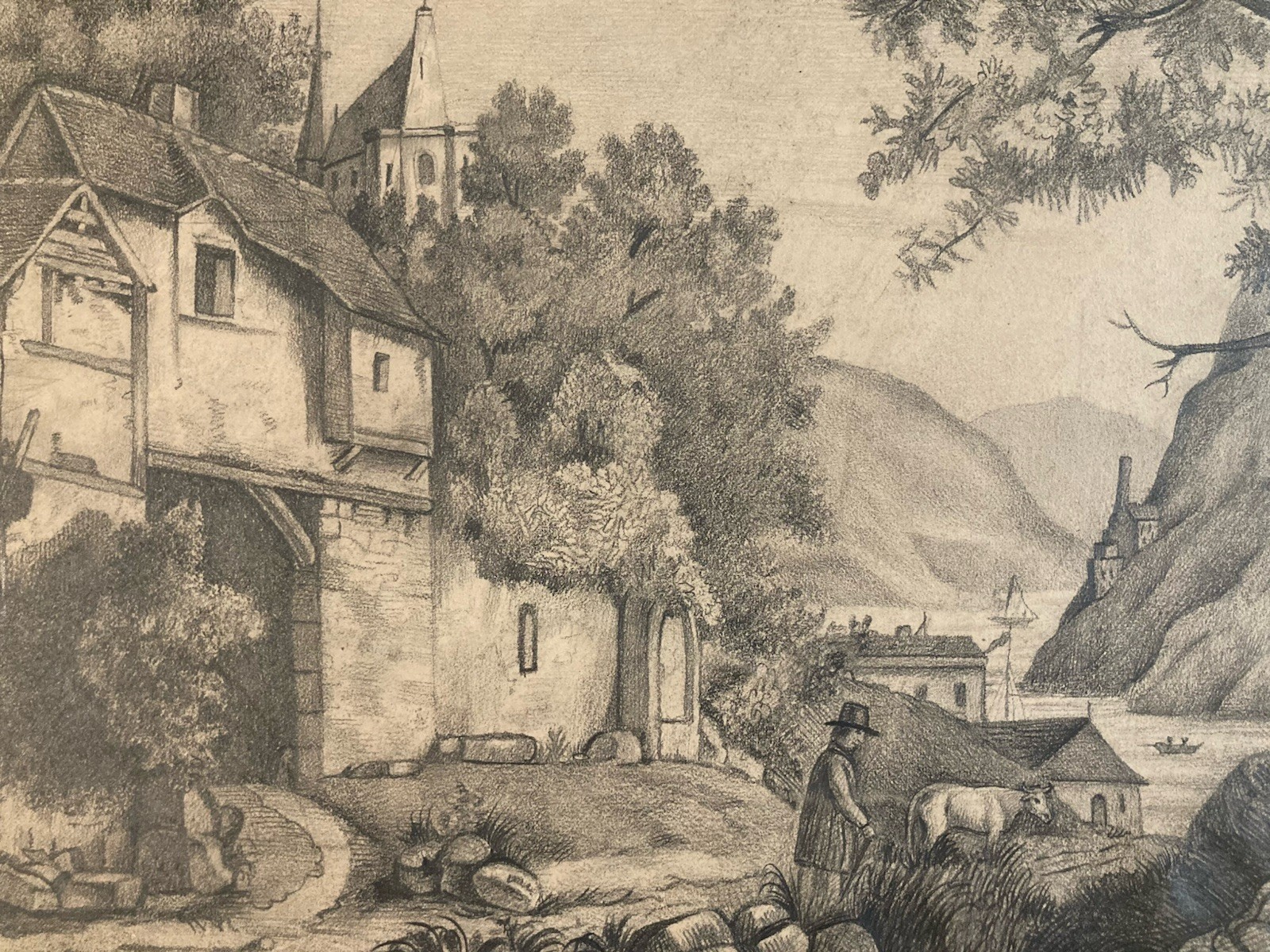 Very Beautiful Drawing XIX 1850 Pencil Landscape Old Village Cow Art