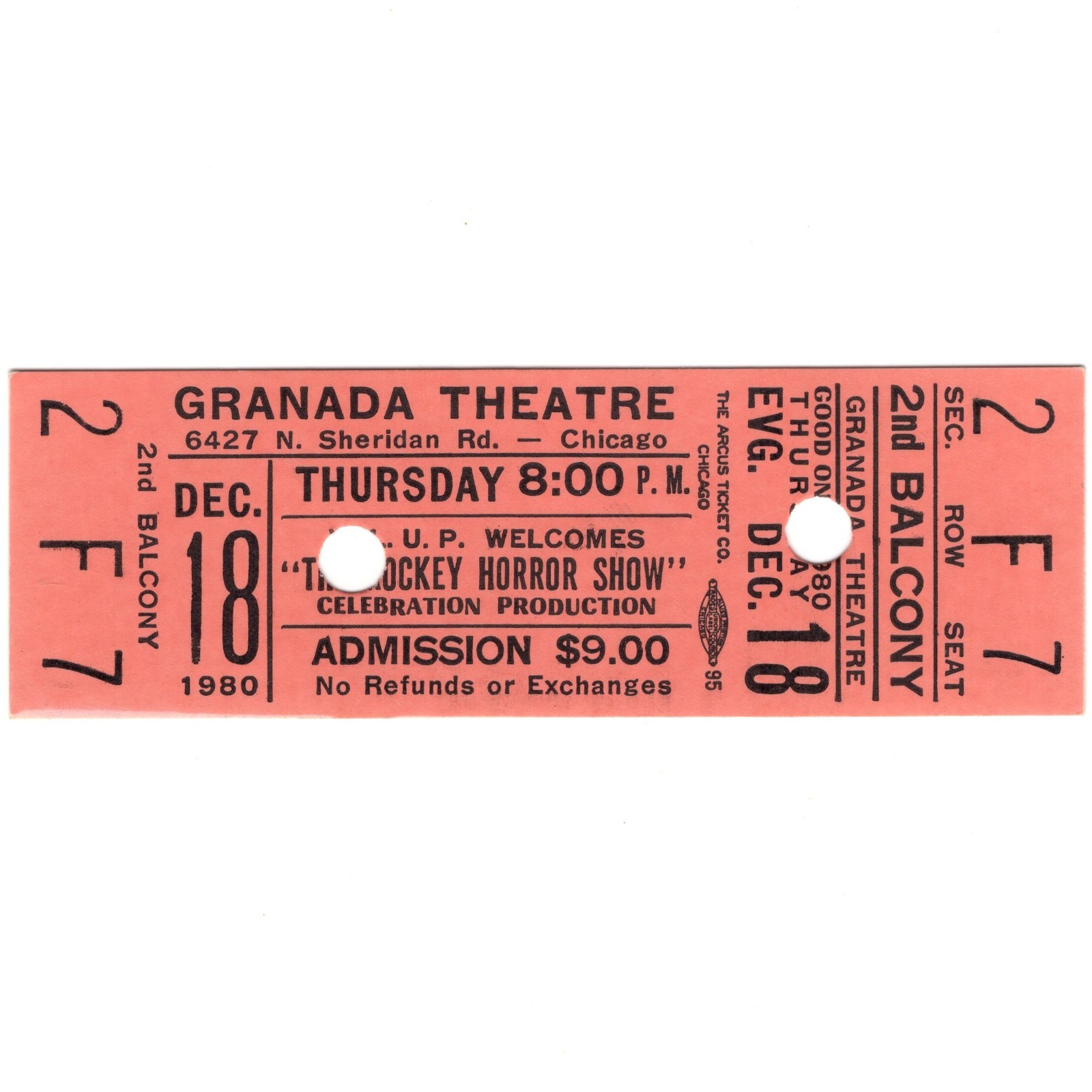 THE ROCKY HORROR SHOW Box Office Ticket Stub CHICAGO 12/18/80 GRANADA THEATRE O