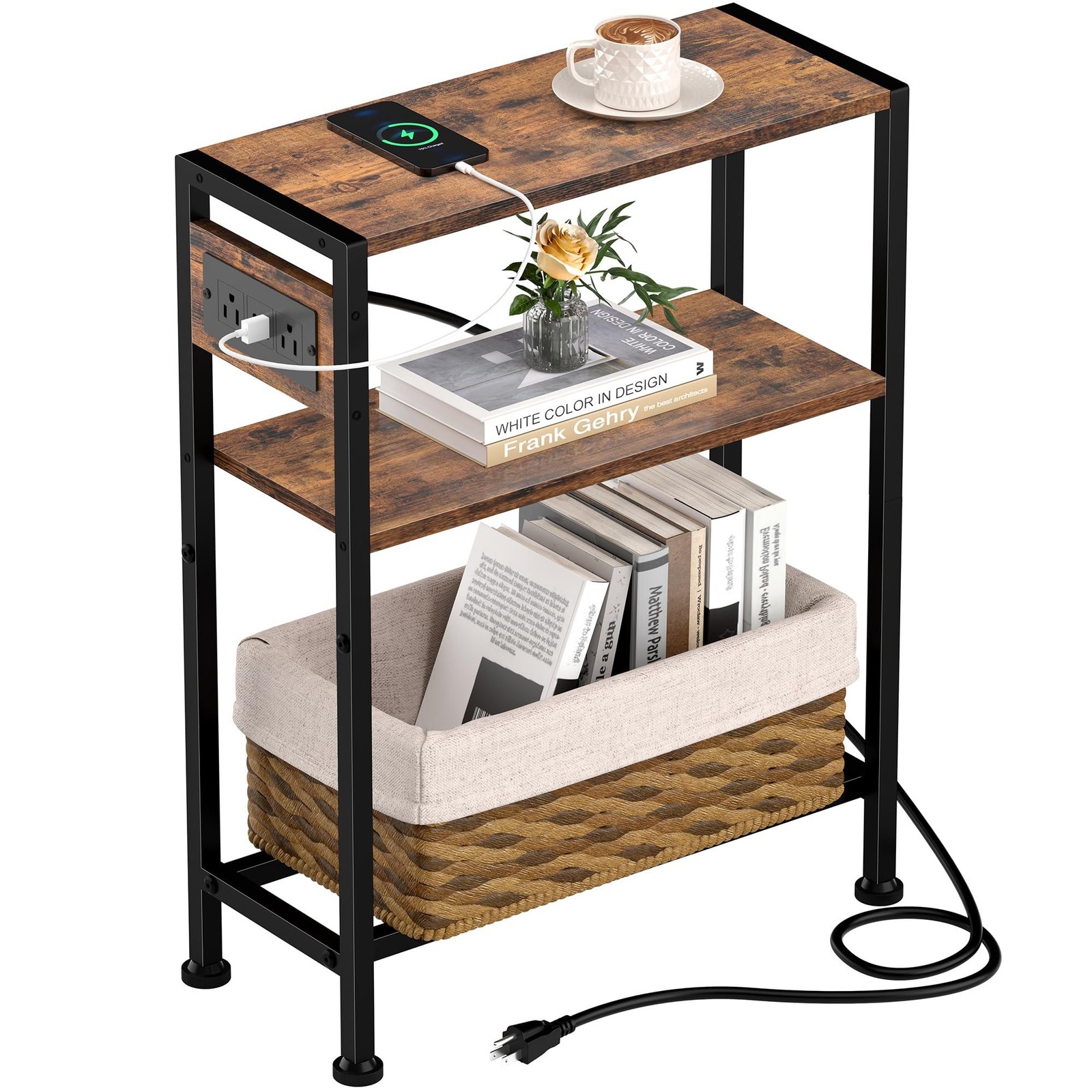 Small Narrow Side Table with Charging Station, Skinny End Table for Small Spa...