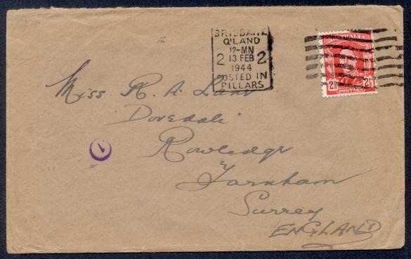 AUSTRALIA 1944 PILLERS BOX BRISBANE UNCENSORED TO UK