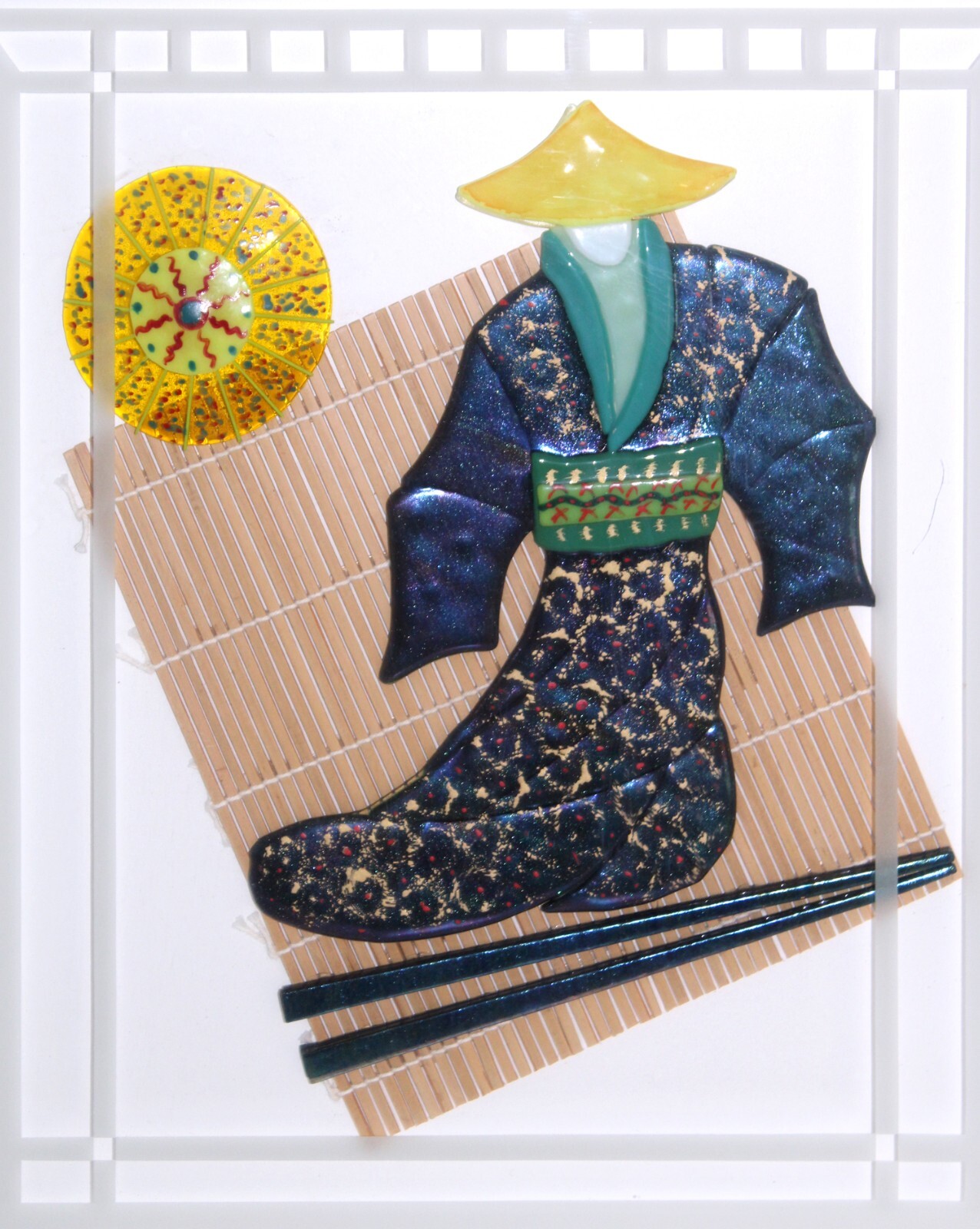 Blue Glass Sculpture Samurai Signed Wayne Fong Visions in Glass 17x20