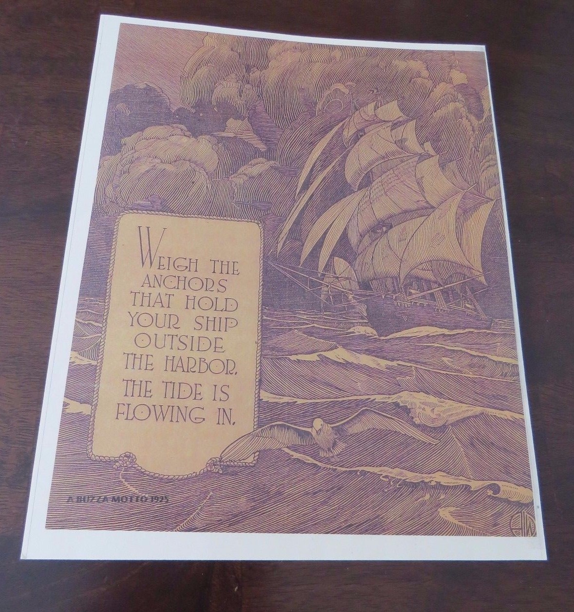 VTG  MOTTO ART PRINT~BON VOYAGE~TALL SHIP REPRINT 1980S~buzza~DECO