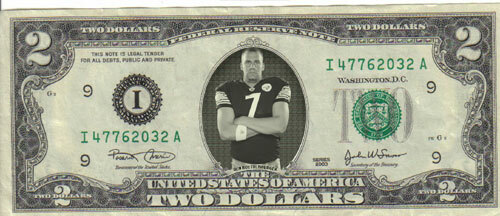 Steelers Ben Roethlisberger with 5x7 plaque $2 Bill Mint Celebrity Cash