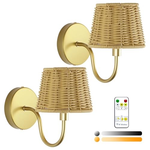 Battery Operated Wall Sconce Set of 2, Rechargeable Wireless Rattan 7 Inch Gold