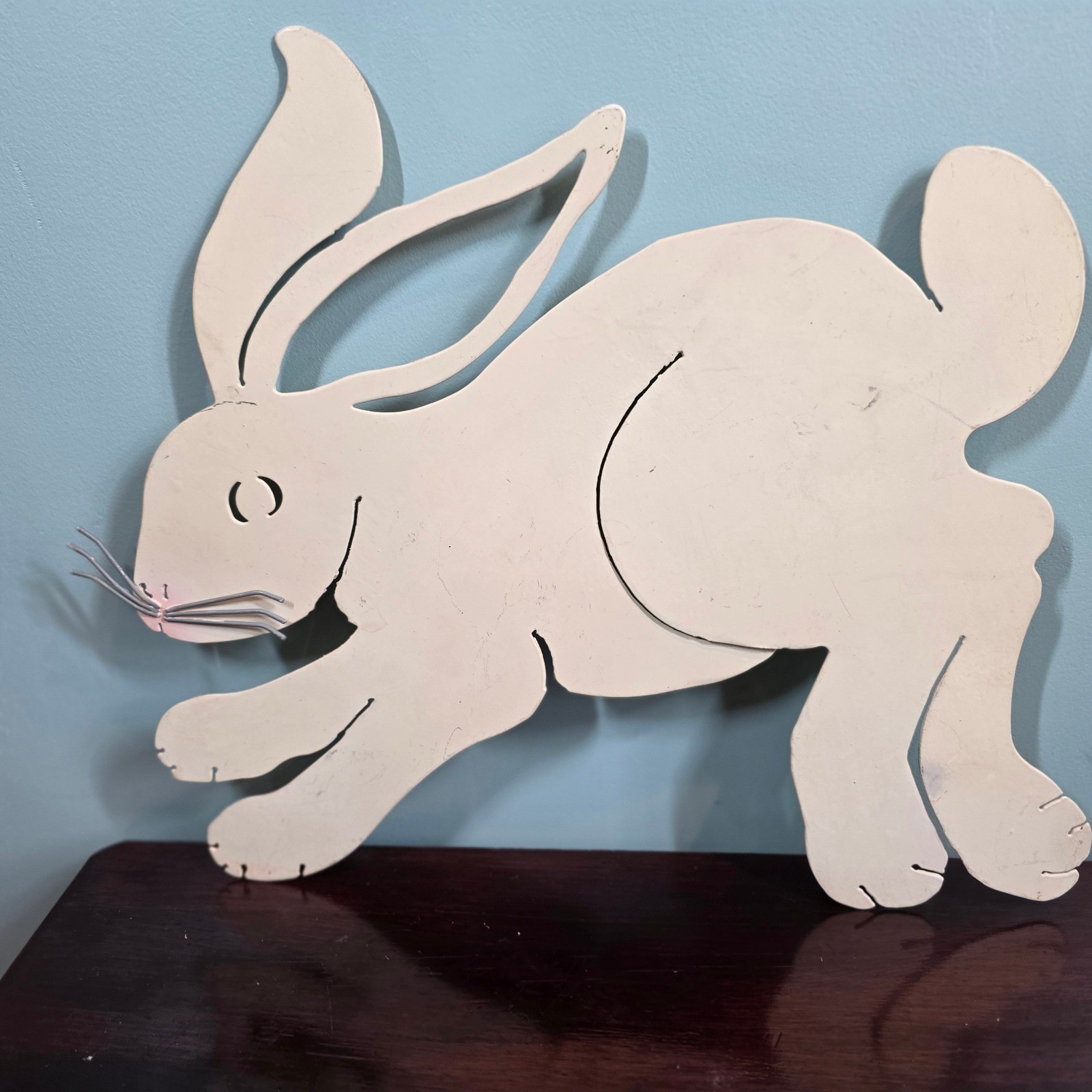 Vintage Metal Rabbit Folk Art Leaping Bunny Easter Decor Cream 16in