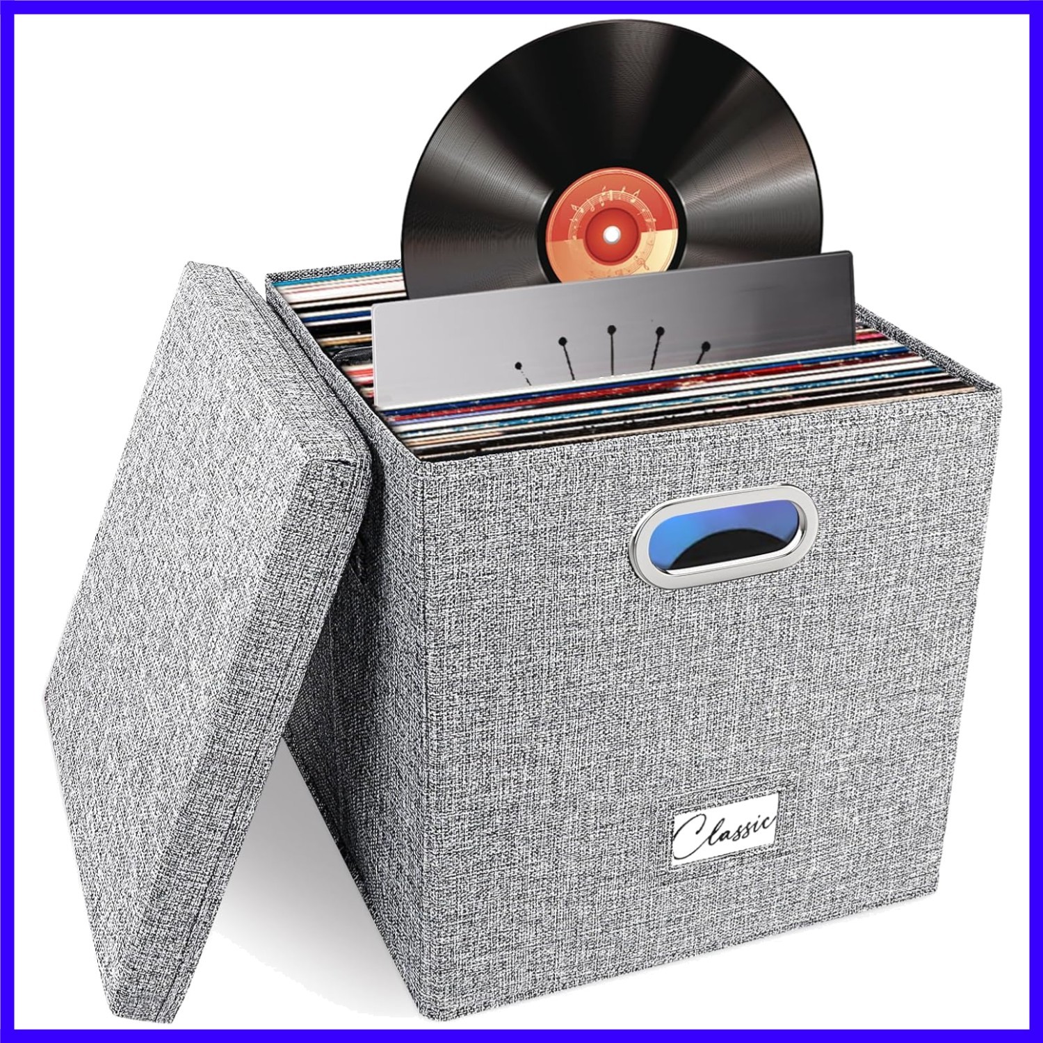 Vinyl Record Storage Box for 50+ Single LPs 12-Inch, Stackable Albums Linen C...