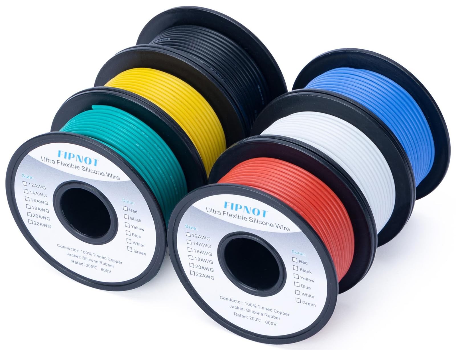 FIPNOT 20 AWG Silicone Hook Up Wire 300ft - 6 Colors, Flexible, High Temp 600V
