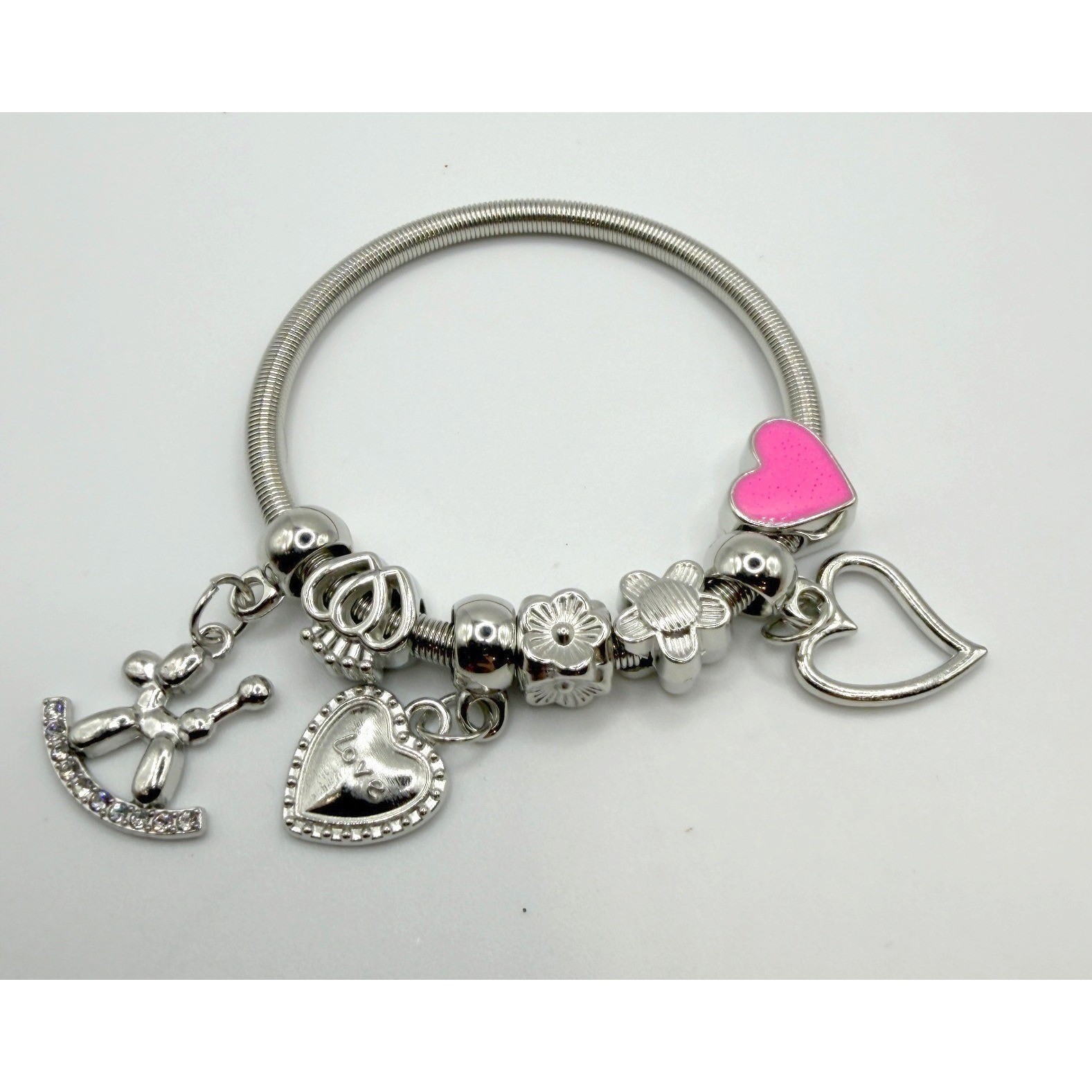 Girls Silver Tone Stretch Charm Bracelet Balloon Dog Heart Rhinestone 6"