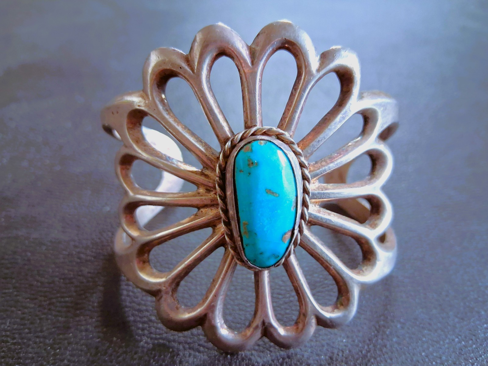 Sandcast Sterling Silver & Sleeping Beauty TURQUOISE FLOWER CUFF BRACELET 63g