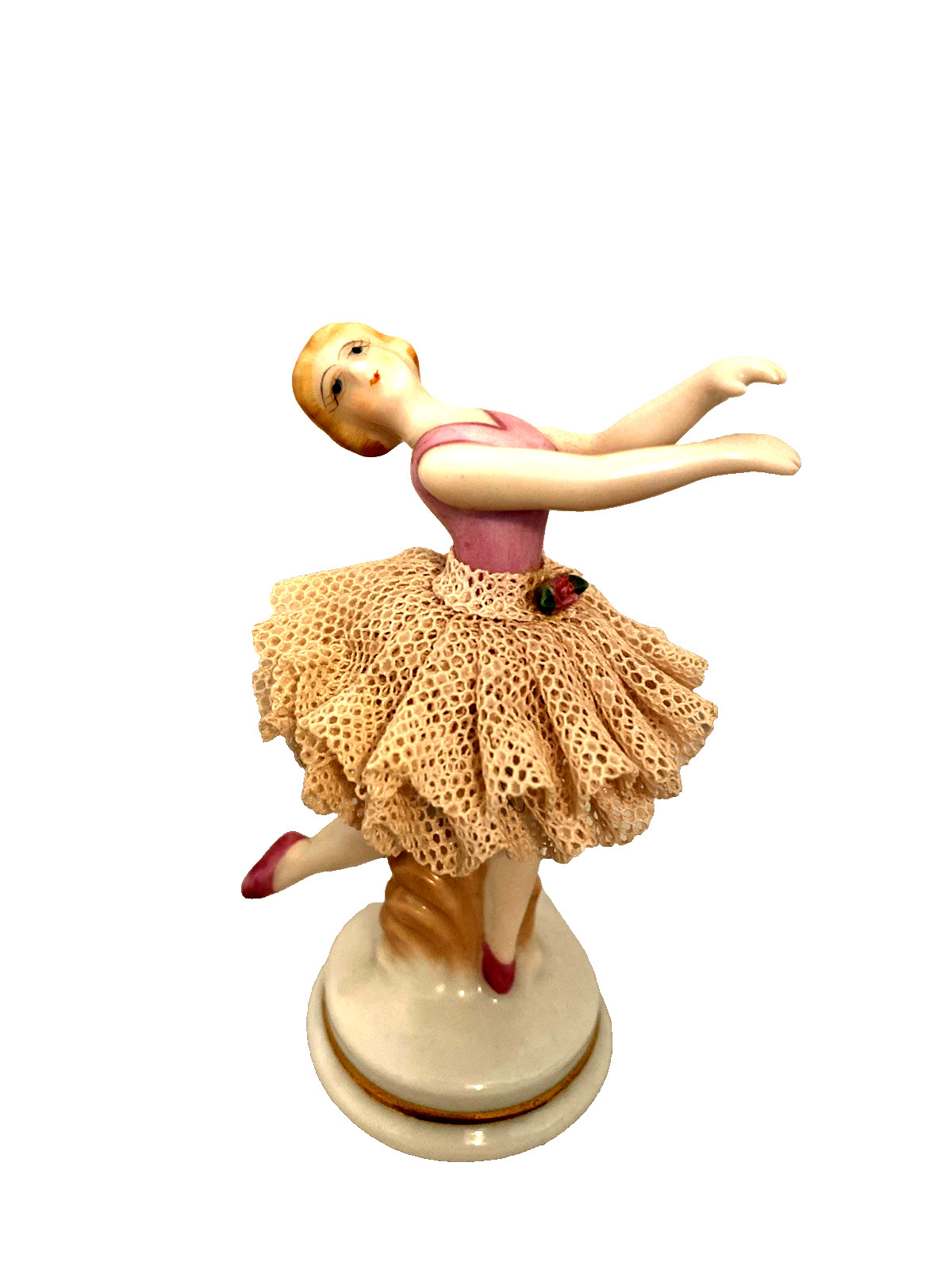 Vintage Dresden porcelain ballerina, hard lace skirt made in Japan, 4 inches