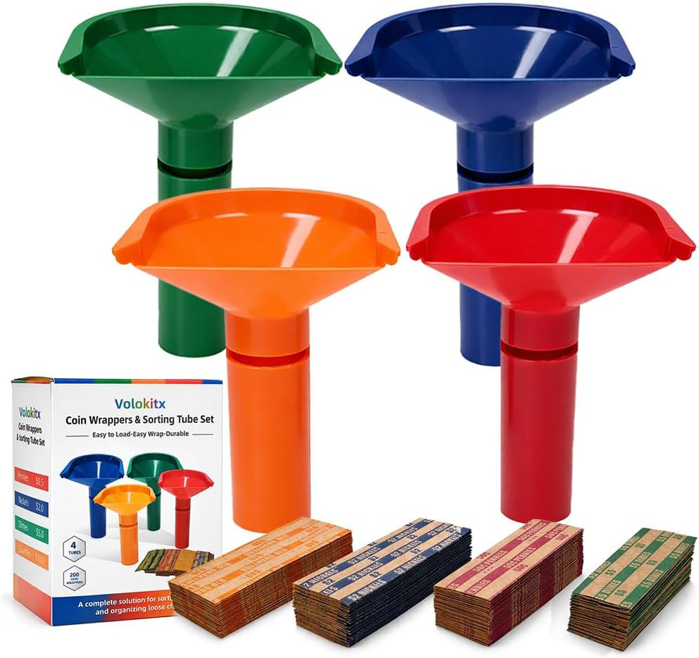 4 Coin Sorter Tubes and 200 Coin Wrappers, ABA Color Coded Coin Counter Set, Fit