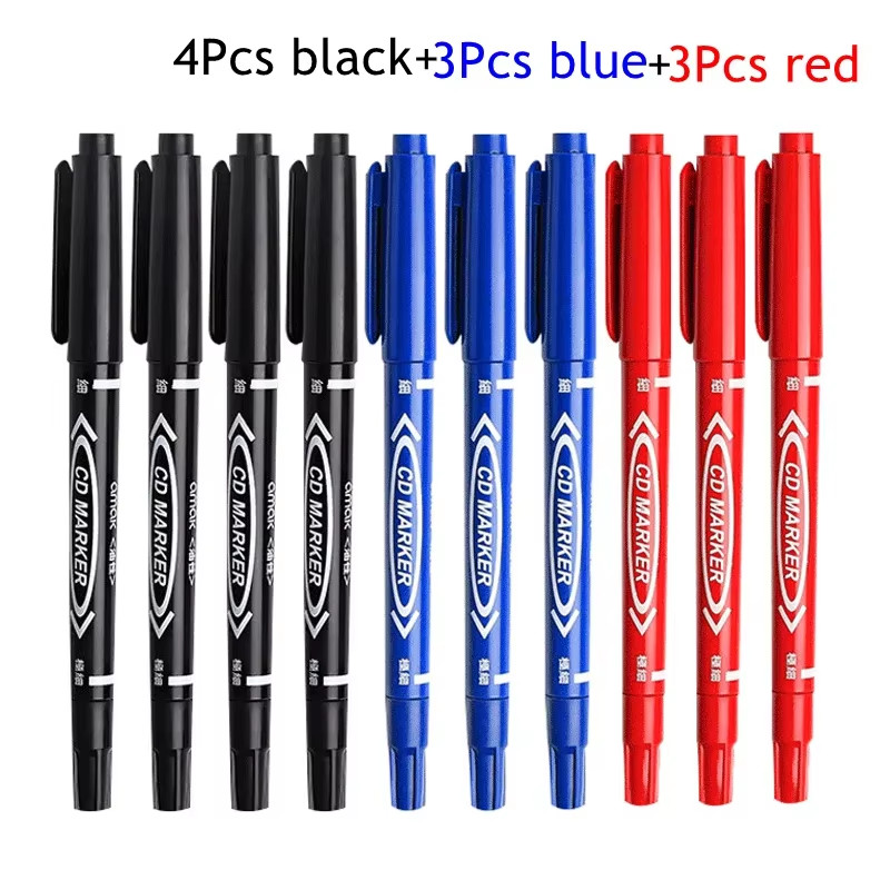 10Pcs/Set Double Tip Art Black Blue Ink Permanent Paint Marker Pen for Plastic W