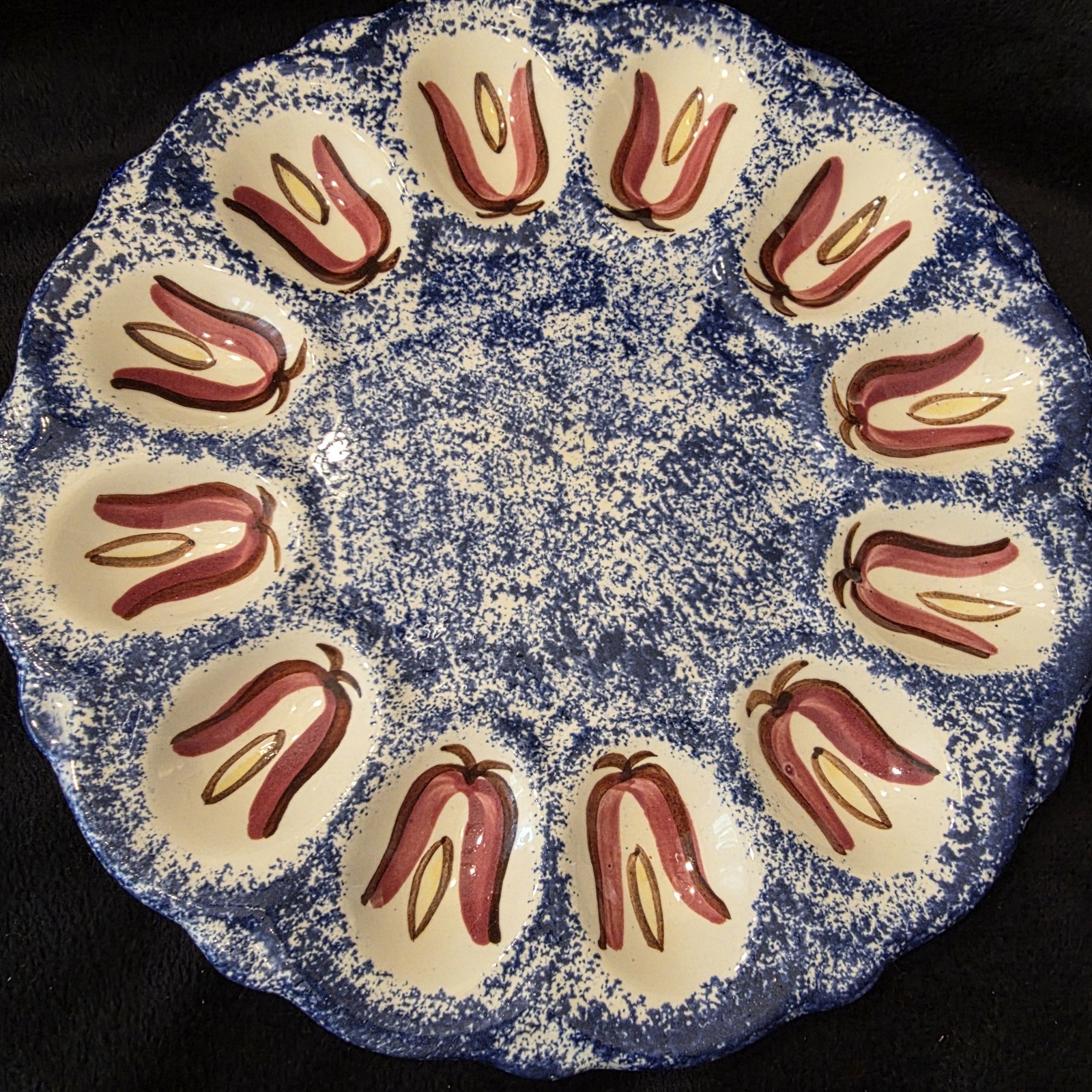 Mon Aire Multi Color Deviled Egg Dish Plate USA York Amish PA Pottery Easter