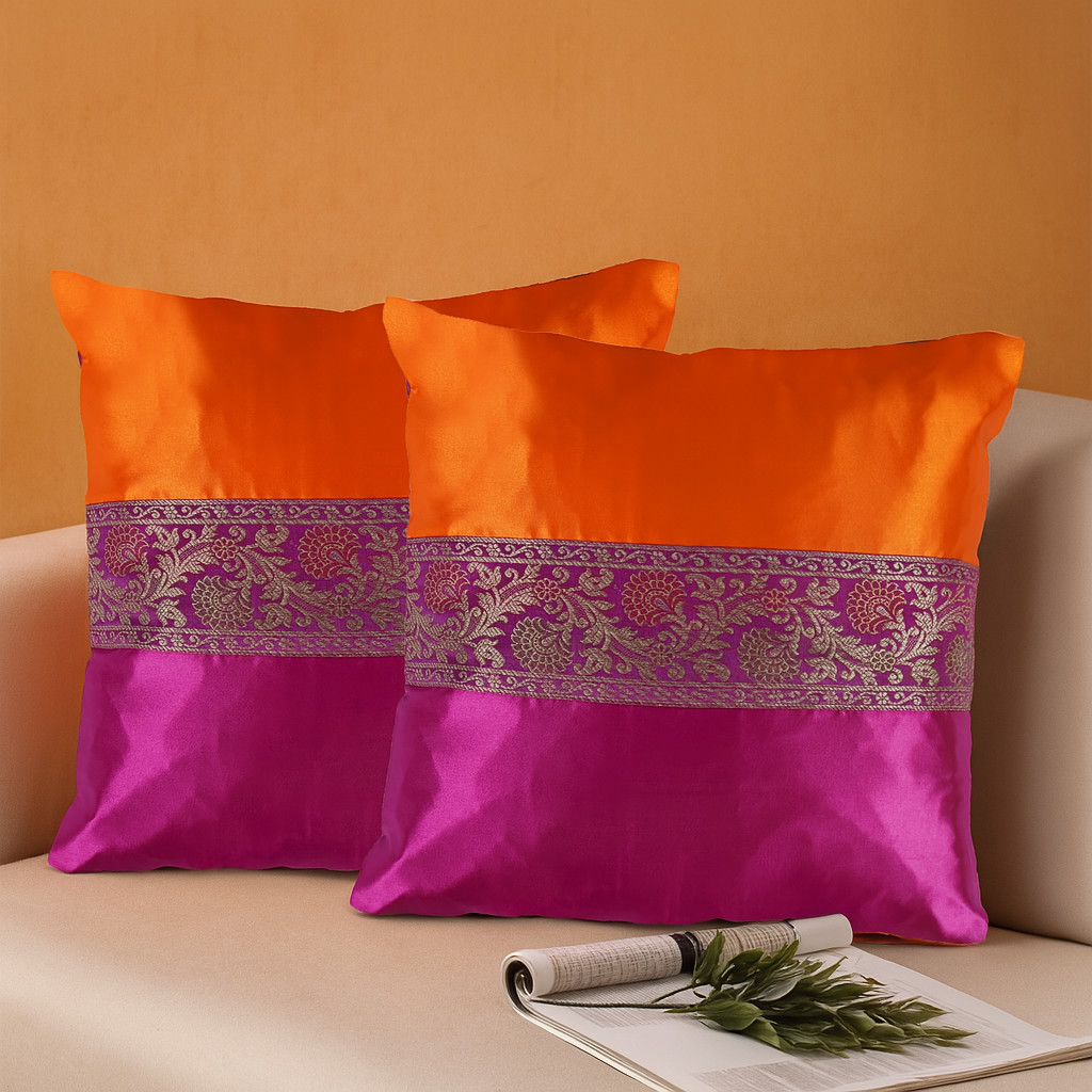 Orange Pink Silk Cushion Covers Sofa Decor Throw Pillow Covers 16x16in Set of 2