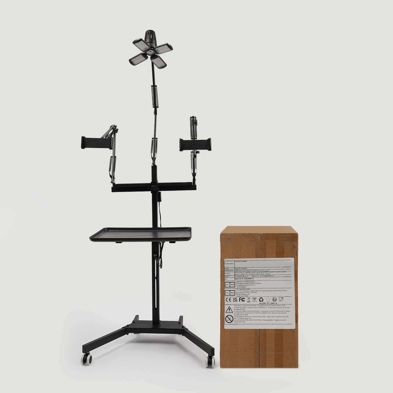 LED Tattoo Workstation Stand w/ Light, Phone & Tablet Holder Rolling Tray -black