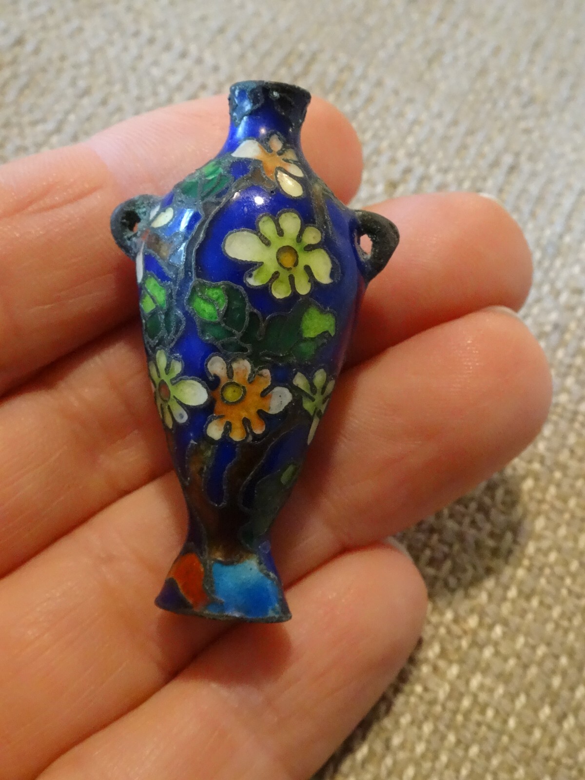 Vintage Antique Enamel Cloisonne Mini Vase 2" Tall enameled on brass Doll sized