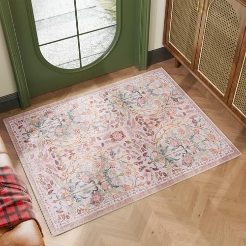  2x3 Washable Entryway Area Rug Door Mat, Vintage Boho Floral Distressed Print 