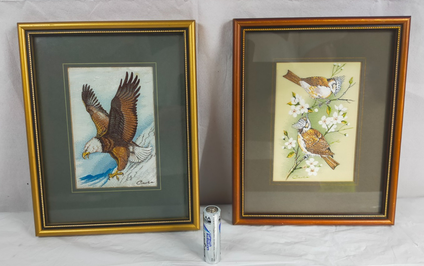 2 x Vintage J & J Cash Framed Woven Silk Pictures Crested Tits and  Bald Eagle