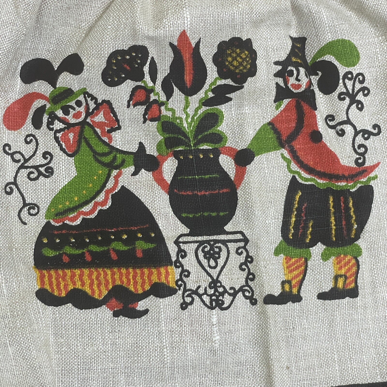 Vintage Apron Linen Pennsylvania Dutch Folk Ceramics Kitchy Linen Cottagecore