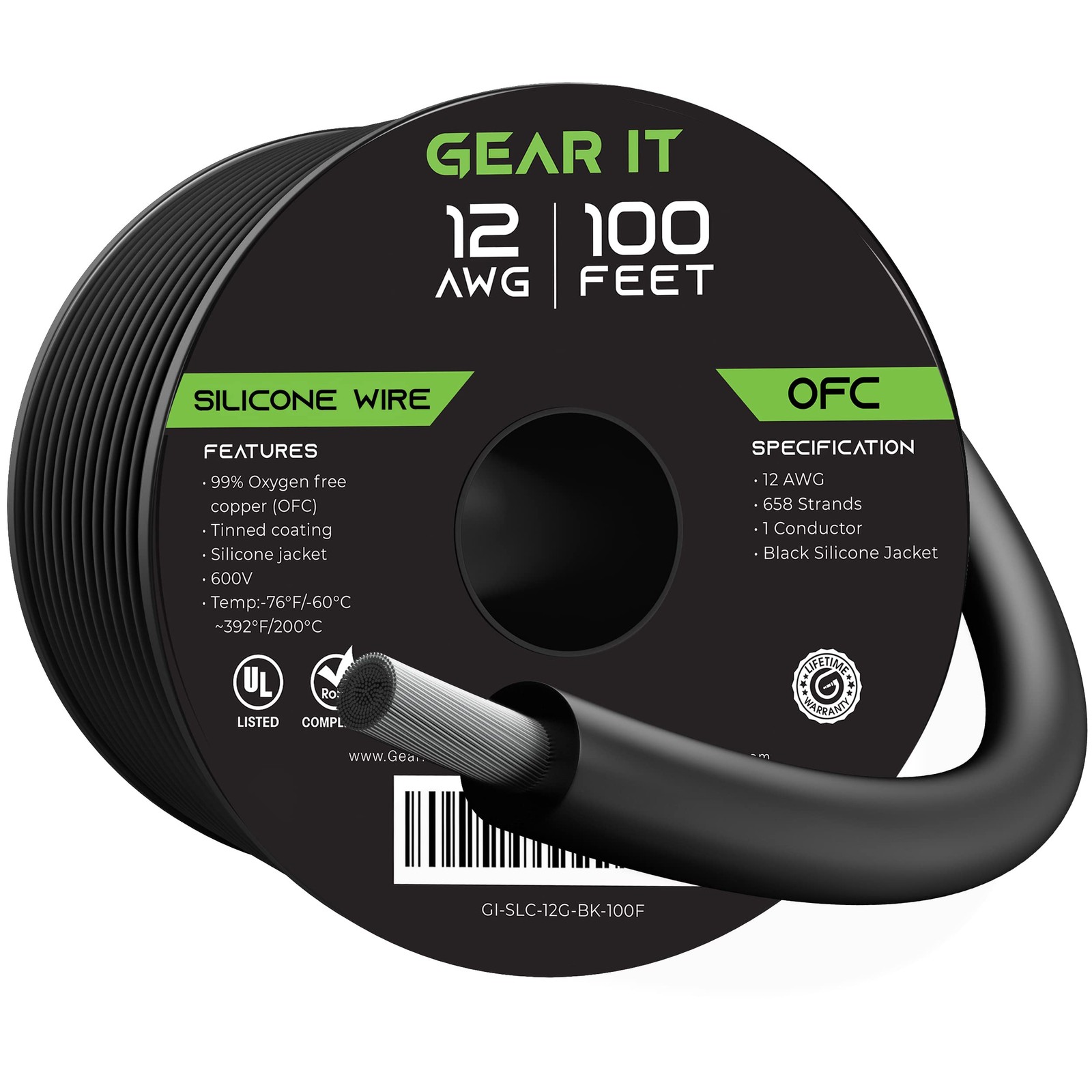 GEARit 12AWG Silicone Wire 600V Black 100ft Tinned OFC Copper Stranded Flexible