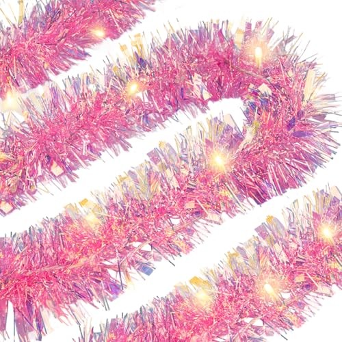 Christmas Tinsel Garland with Lights - 32.8ft Pink Christmas Garland Metallic 